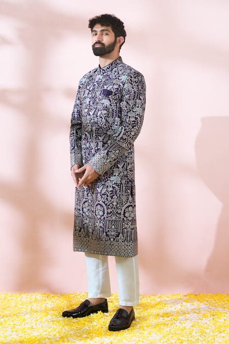 Shop_Arihant Rai Sinha_Wine Polyester, Viscose Embroidery, Sequins, Metallic Thread Sherwani And Pant Set _Online_at_Aza_Fashions