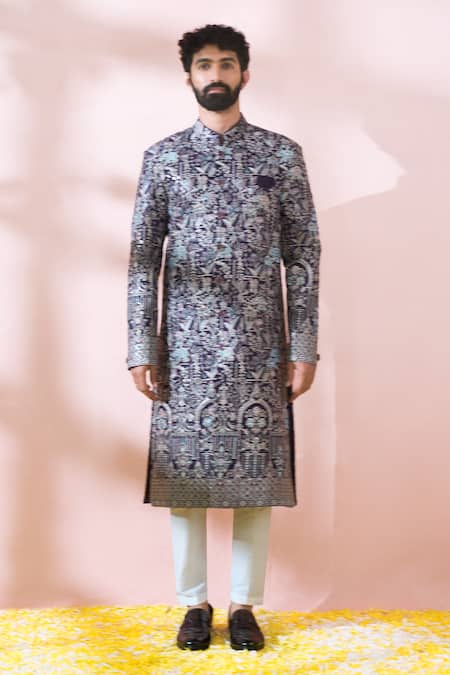Arihant Rai Sinha_Wine Polyester, Viscose Embroidery, Sequins, Metallic Thread Sherwani And Pant Set _at_Aza_Fashions