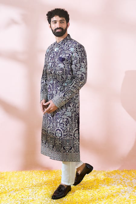 Buy_Arihant Rai Sinha_Wine Polyester, Viscose Embroidery, Sequins, Metallic Thread Sherwani And Pant Set 