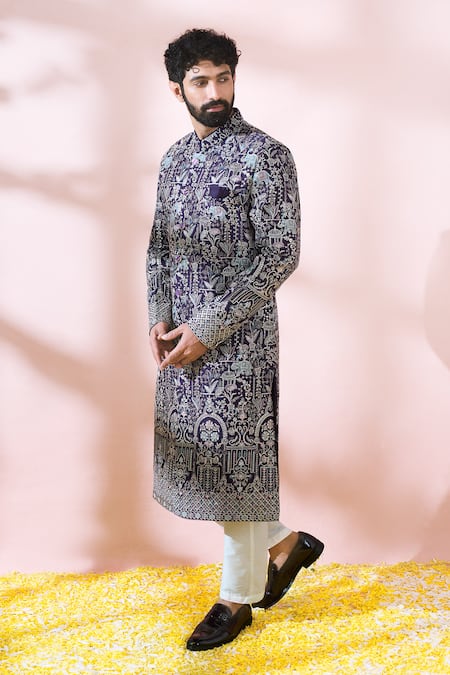 Shop_Arihant Rai Sinha_Wine Polyester, Viscose Embroidery, Sequins, Metallic Thread Sherwani And Pant Set 