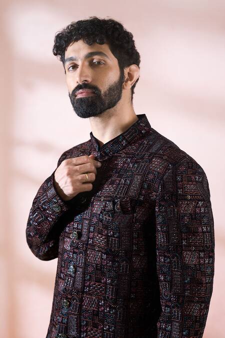 Arihant Rai Sinha_Blue Velvet, Polyester, Viscose Geometric Pattern Sherwani And Pant Set _Online_at_Aza_Fashions