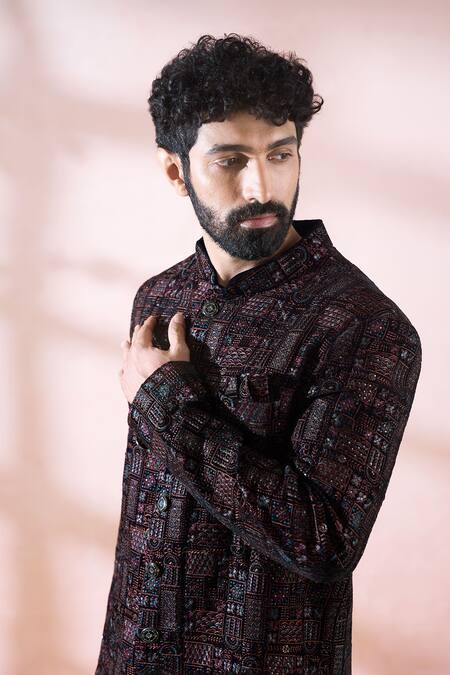 Buy_Arihant Rai Sinha_Blue Velvet, Polyester, Viscose Geometric Pattern Sherwani And Pant Set _Online_at_Aza_Fashions