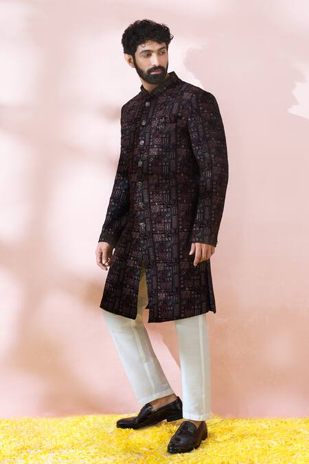 Shop_Arihant Rai Sinha_Blue Velvet, Polyester, Viscose Geometric Pattern Sherwani And Pant Set _Online_at_Aza_Fashions