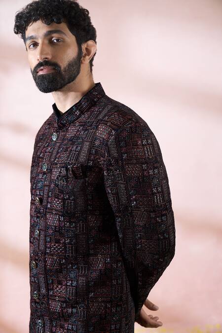 Arihant Rai Sinha_Blue Velvet, Polyester, Viscose Geometric Pattern Sherwani And Pant Set _at_Aza_Fashions