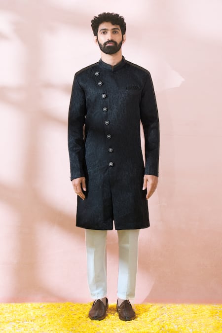 Arihant Rai Sinha_Black Satin, Polyester, Viscose Embroidery, Studs Textured Sherwani And Pant Set _at_Aza_Fashions