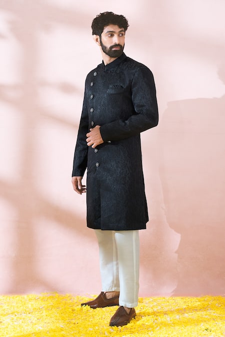 Buy_Arihant Rai Sinha_Black Satin, Polyester, Viscose Embroidery, Studs Textured Sherwani And Pant Set 