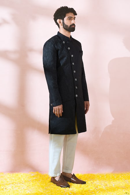 Shop_Arihant Rai Sinha_Black Satin, Polyester, Viscose Embroidery, Studs Textured Sherwani And Pant Set 