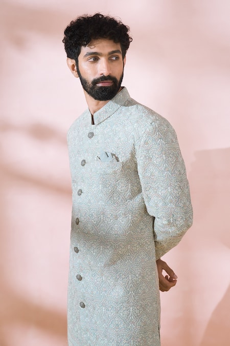 Arihant Rai Sinha_Blue Georgette, Polyester, Viscose Embroidery, Sequins, Sherwani And Pant Set _Online_at_Aza_Fashions