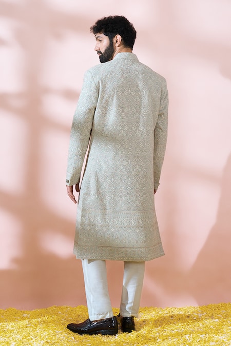 Buy_Arihant Rai Sinha_Blue Georgette, Polyester, Viscose Embroidery, Sequins, Sherwani And Pant Set _Online_at_Aza_Fashions