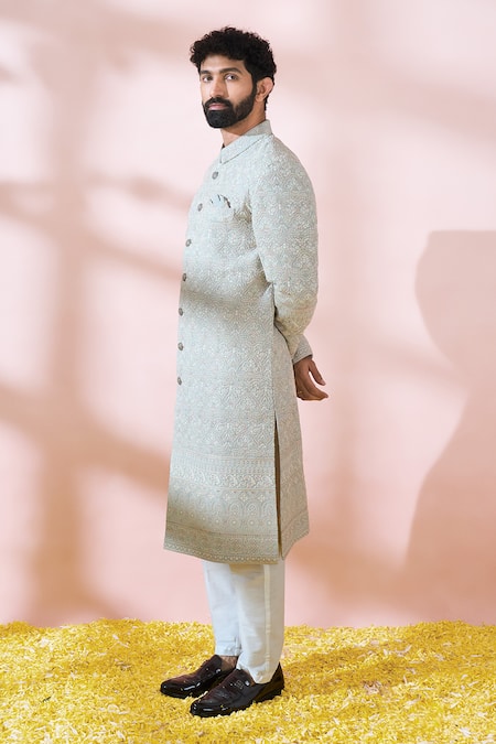 Buy_Arihant Rai Sinha_Blue Georgette, Polyester, Viscose Embroidery, Sequins, Sherwani And Pant Set 