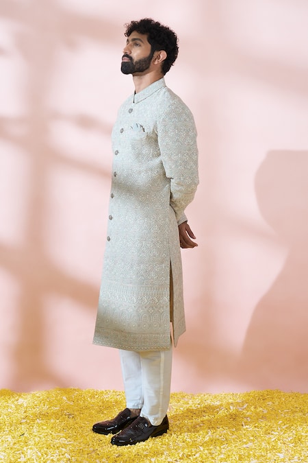 Shop_Arihant Rai Sinha_Blue Georgette, Polyester, Viscose Embroidery, Sequins, Sherwani And Pant Set 
