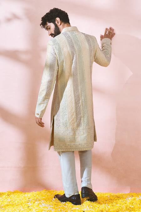 Shop_Arihant Rai Sinha_Cream Velvet, Polyester, Viscose Embroidery, Thread Sherwani And Pant Set _Online_at_Aza_Fashions