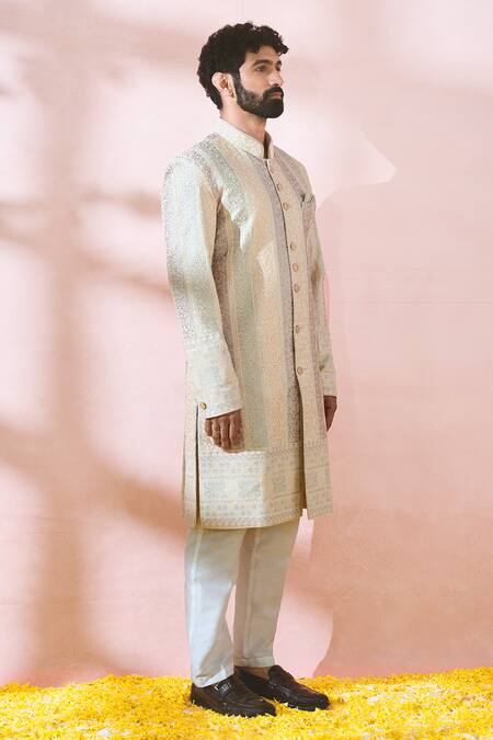 Buy_Arihant Rai Sinha_Cream Velvet, Polyester, Viscose Embroidery, Thread Sherwani And Pant Set 