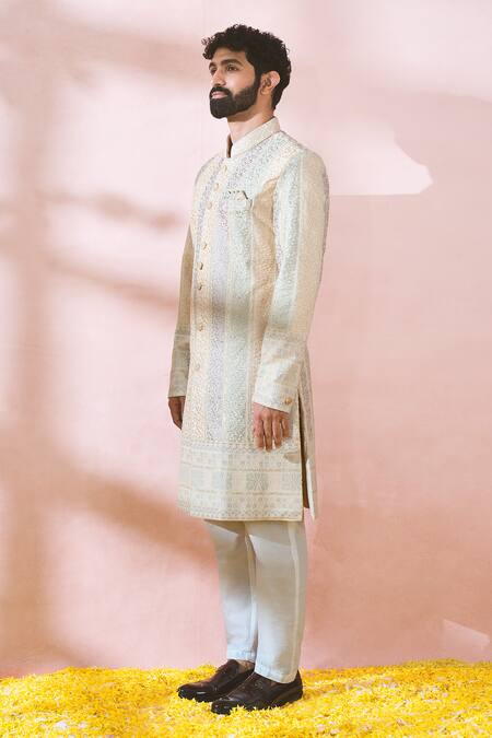 Shop_Arihant Rai Sinha_Cream Velvet, Polyester, Viscose Embroidery, Thread Sherwani And Pant Set 