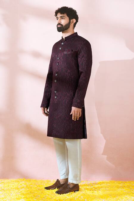 Shop_Arihant Rai Sinha_Maroon Satin, Polyester, Viscose Jacquard Pattern Sherwani And Pant Set _Online_at_Aza_Fashions