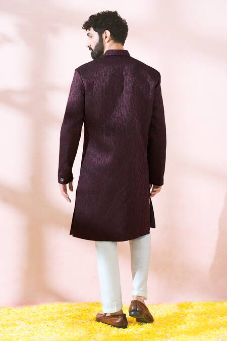 Arihant Rai Sinha_Maroon Satin, Polyester, Viscose Jacquard Pattern Sherwani And Pant Set _at_Aza_Fashions