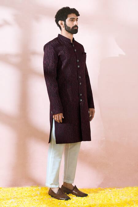 Buy_Arihant Rai Sinha_Maroon Satin, Polyester, Viscose Jacquard Pattern Sherwani And Pant Set 