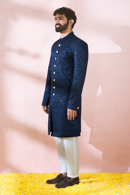 Buy_Arihant Rai Sinha_Blue Polyester, Viscose Geometric Pattern Sherwani And Pant Set _Online_at_Aza_Fashions