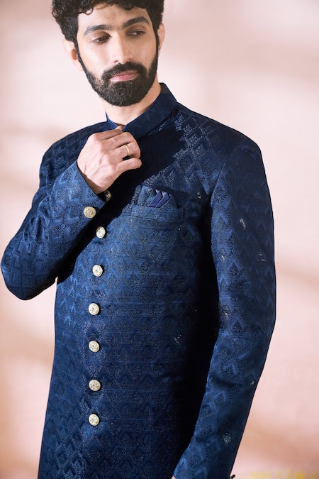 Buy_Arihant Rai Sinha_Blue Polyester, Viscose Geometric Pattern Sherwani And Pant Set 
