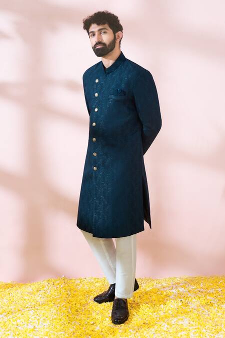 Buy_Arihant Rai Sinha_Green Polyester, Viscose Textured Sherwani And Solid Pant Set _Online_at_Aza_Fashions