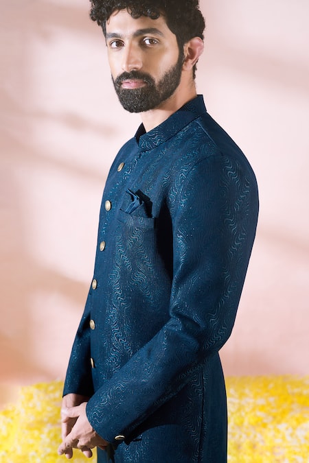 Shop_Arihant Rai Sinha_Green Polyester, Viscose Textured Sherwani And Solid Pant Set _Online_at_Aza_Fashions