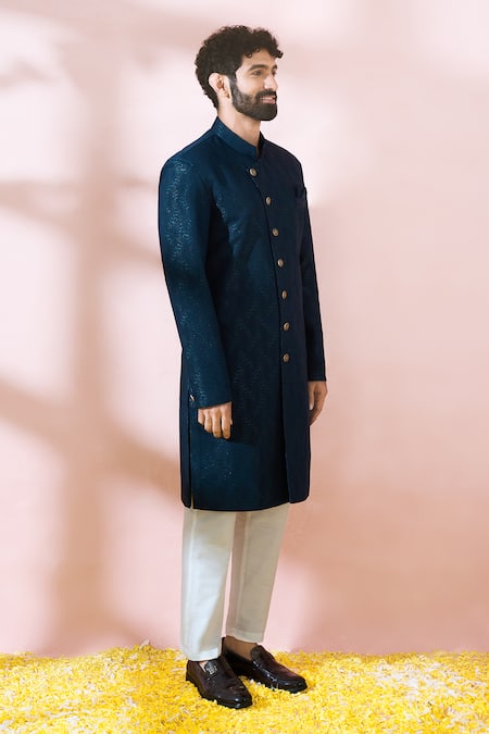Arihant Rai Sinha_Green Polyester, Viscose Textured Sherwani And Solid Pant Set _at_Aza_Fashions