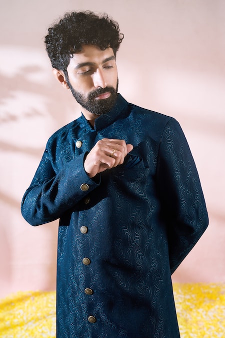 Shop_Arihant Rai Sinha_Green Polyester, Viscose Textured Sherwani And Solid Pant Set 