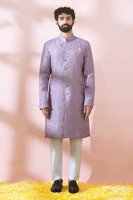 Buy_Arihant Rai Sinha_Pink Terrycloth, Polyester, Viscose Geometric Pattern Sherwani And Pant Set _Online_at_Aza_Fashions