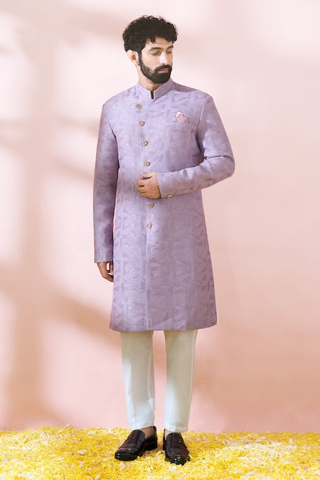 Shop_Arihant Rai Sinha_Pink Terrycloth, Polyester, Viscose Geometric Pattern Sherwani And Pant Set _Online_at_Aza_Fashions