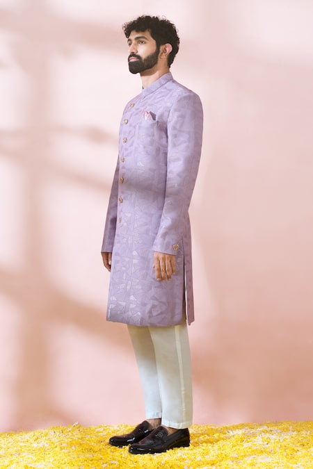 Buy_Arihant Rai Sinha_Pink Terrycloth, Polyester, Viscose Geometric Pattern Sherwani And Pant Set 