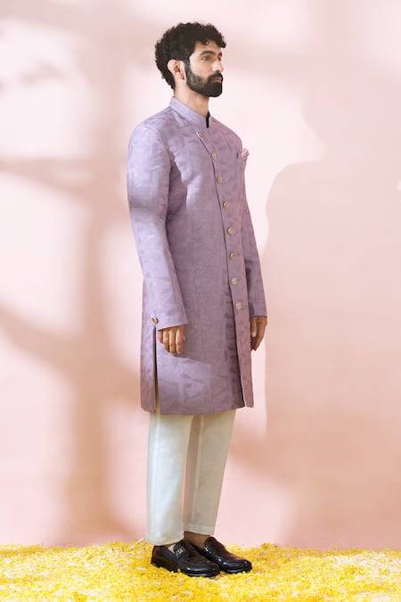 Shop_Arihant Rai Sinha_Pink Terrycloth, Polyester, Viscose Geometric Pattern Sherwani And Pant Set 