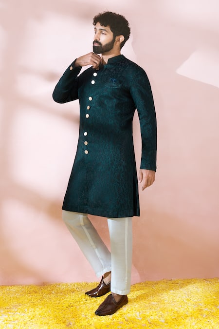 Arihant Rai Sinha_Green Satin, Polyester, Viscose Textured Sherwani And Solid Pant Set _Online_at_Aza_Fashions