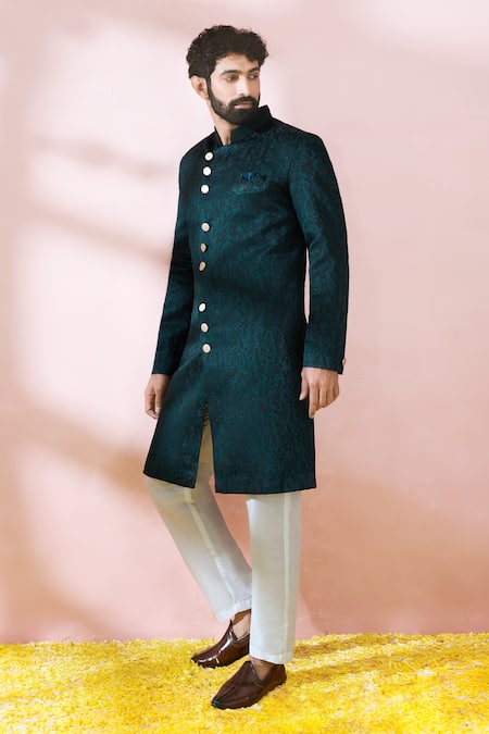 Buy_Arihant Rai Sinha_Green Satin, Polyester, Viscose Textured Sherwani And Solid Pant Set _Online_at_Aza_Fashions