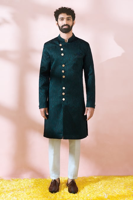 Shop_Arihant Rai Sinha_Green Satin, Polyester, Viscose Textured Sherwani And Solid Pant Set _Online_at_Aza_Fashions