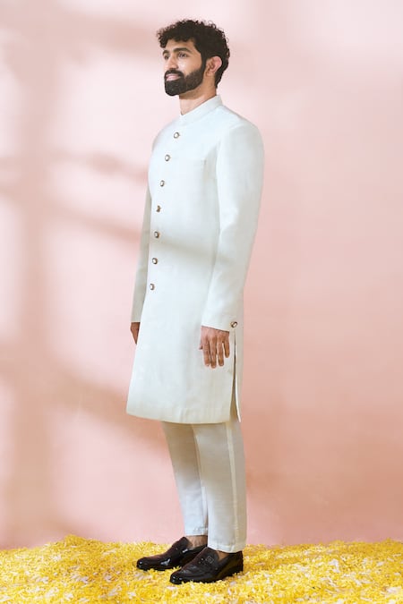 Arihant Rai Sinha_White Polyester, Viscose Geometric Pattern Sherwani And Pant Set _Online_at_Aza_Fashions
