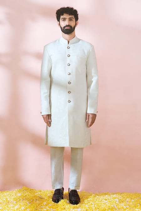 Buy_Arihant Rai Sinha_White Polyester, Viscose Geometric Pattern Sherwani And Pant Set _Online_at_Aza_Fashions