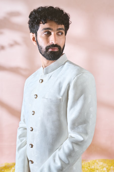 Arihant Rai Sinha_White Polyester, Viscose Geometric Pattern Sherwani And Pant Set _at_Aza_Fashions