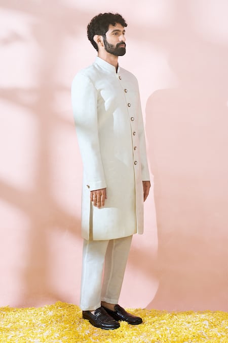 Shop_Arihant Rai Sinha_White Polyester, Viscose Geometric Pattern Sherwani And Pant Set 