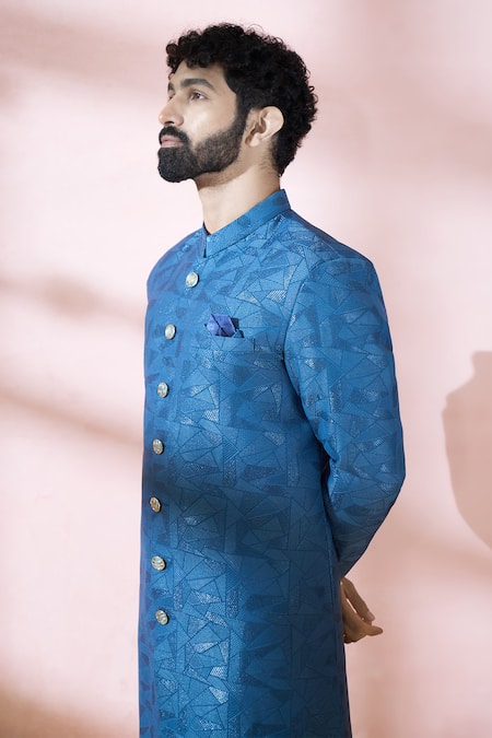 Buy Arihant Rai Sinha Blue Polyester, Viscose Geometric Pattern Sherwani And Pant Online at Aza Fashions Buy_Arihant Rai Sinha_Blue Polyester, Viscose Geometric Pattern Sherwani And Pant _Online_at_Aza_Fashions