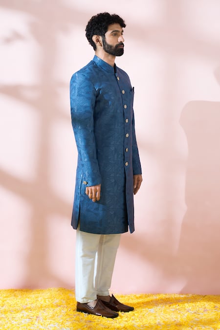 Shop Arihant Rai Sinha Blue Polyester, Viscose Geometric Pattern Sherwani And Pant Online at Aza Fashions Shop_Arihant Rai Sinha_Blue Polyester, Viscose Geometric Pattern Sherwani And Pant _Online_at_Aza_Fashions