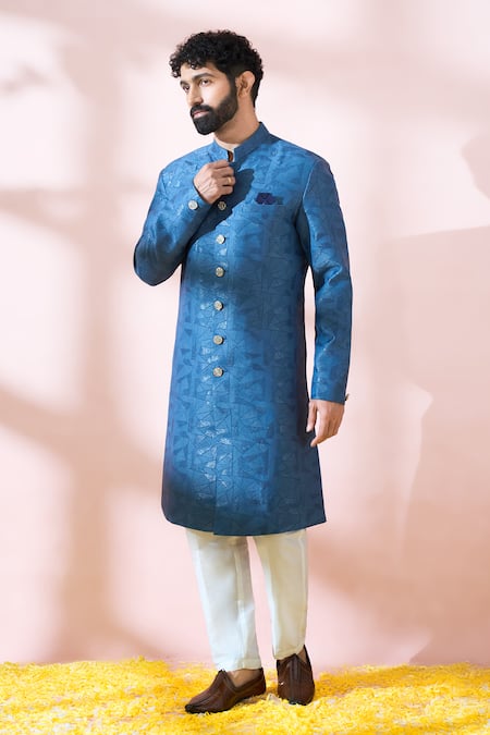 Buy Arihant Rai Sinha Blue Polyester, Viscose Geometric Pattern Sherwani And Pant Buy_Arihant Rai Sinha_Blue Polyester, Viscose Geometric Pattern Sherwani And Pant