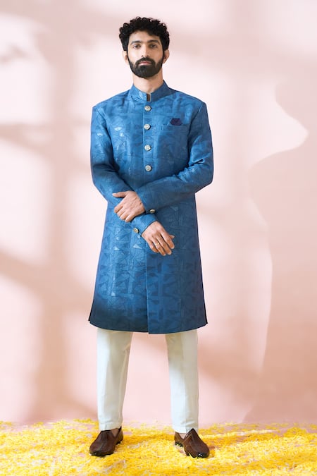 Shop Arihant Rai Sinha Blue Polyester, Viscose Geometric Pattern Sherwani And Pant Shop_Arihant Rai Sinha_Blue Polyester, Viscose Geometric Pattern Sherwani And Pant