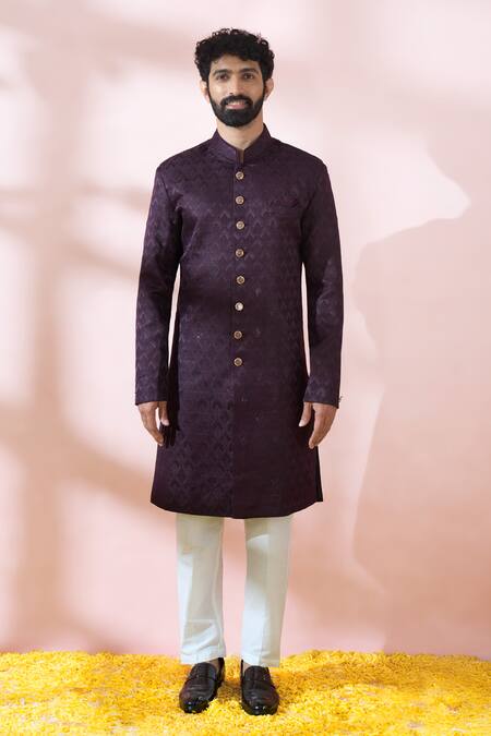 Buy_Arihant Rai Sinha_Wine Polyester, Viscose Geometric Pattern Sherwani And Pant Set _Online_at_Aza_Fashions