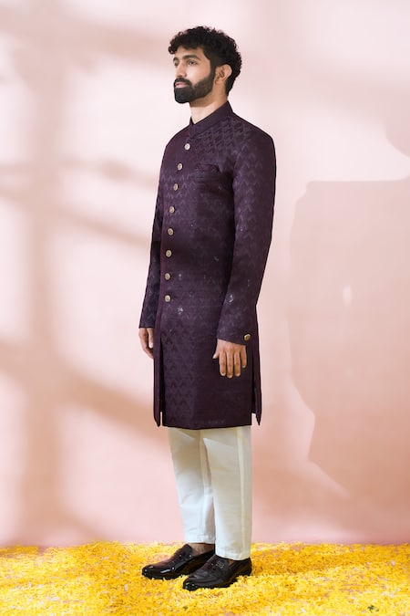Shop_Arihant Rai Sinha_Wine Polyester, Viscose Geometric Pattern Sherwani And Pant Set _Online_at_Aza_Fashions