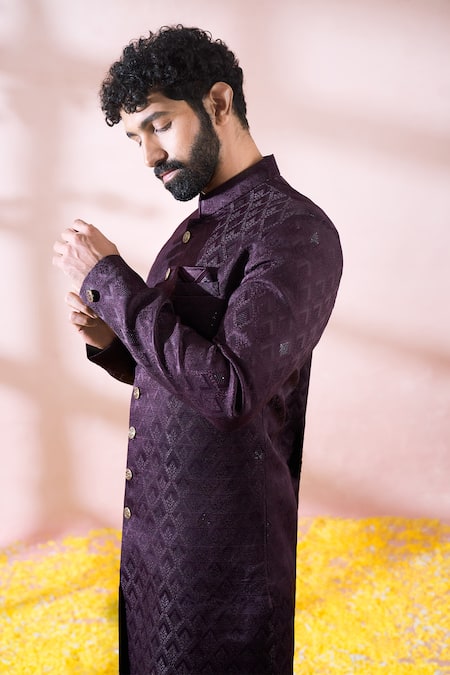 Buy_Arihant Rai Sinha_Wine Polyester, Viscose Geometric Pattern Sherwani And Pant Set 