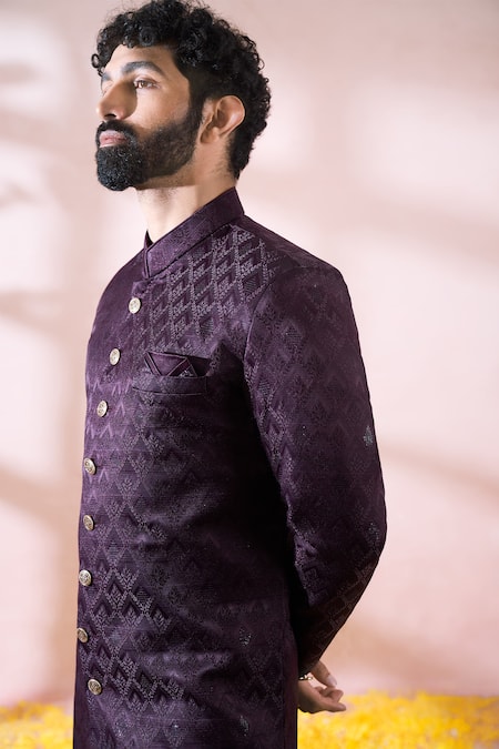 Shop_Arihant Rai Sinha_Wine Polyester, Viscose Geometric Pattern Sherwani And Pant Set 