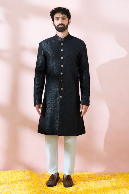 Buy Arihant Rai Sinha Black Polyester, Viscose Geometric Woven Sherwani And Pant Set Online at Aza Fashions Buy_Arihant Rai Sinha_Black Polyester, Viscose Geometric Woven Sherwani And Pant Set _Online_at_Aza_Fashions