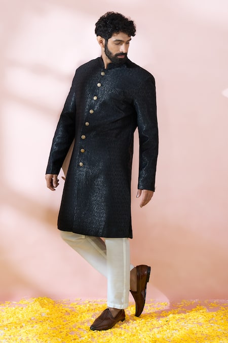 Arihant Rai Sinha Black Polyester, Viscose Geometric Woven Sherwani And Pant Set at Aza Fashions Arihant Rai Sinha_Black Polyester, Viscose Geometric Woven Sherwani And Pant Set _at_Aza_Fashions