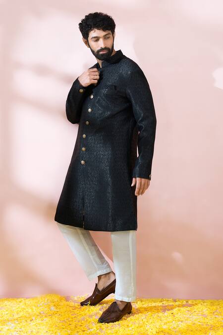 Buy Arihant Rai Sinha Black Polyester, Viscose Geometric Woven Sherwani And Pant Set Buy_Arihant Rai Sinha_Black Polyester, Viscose Geometric Woven Sherwani And Pant Set