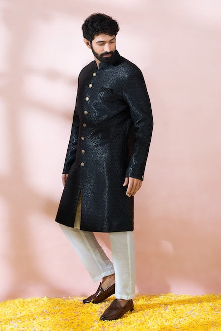 Shop Arihant Rai Sinha Black Polyester, Viscose Geometric Woven Sherwani And Pant Set Shop_Arihant Rai Sinha_Black Polyester, Viscose Geometric Woven Sherwani And Pant Set